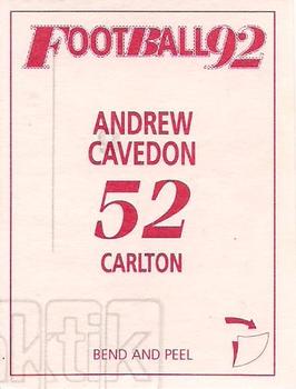 1992 Select AFL Stickers #52 Andrew Cavedon Back